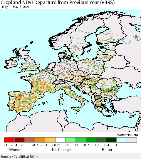 Europe Cropland NDVI Departure from Previous Year (VIIRS) Thematic Map For 5/1/2021 - 5/8/2021