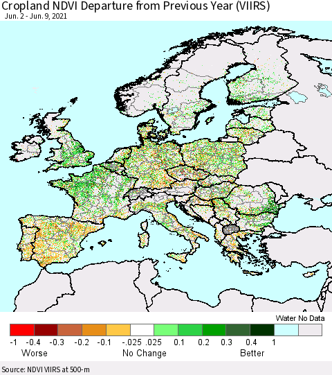 Europe Cropland NDVI Departure from Previous Year (VIIRS) Thematic Map For 6/2/2021 - 6/9/2021