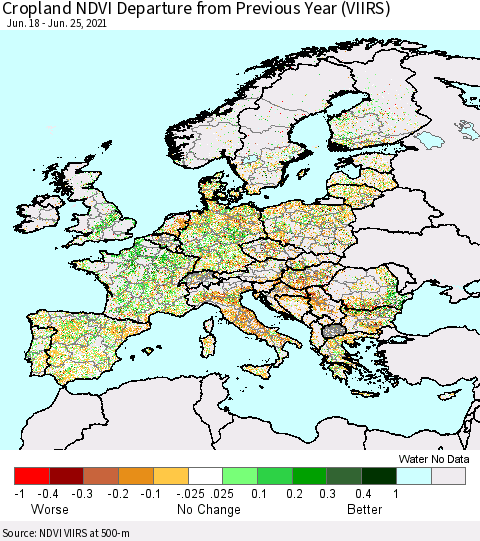 Europe Cropland NDVI Departure from Previous Year (VIIRS) Thematic Map For 6/18/2021 - 6/25/2021