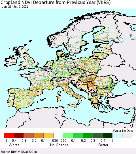 Europe Cropland NDVI Departure from Previous Year (VIIRS) Thematic Map For 6/26/2021 - 7/3/2021