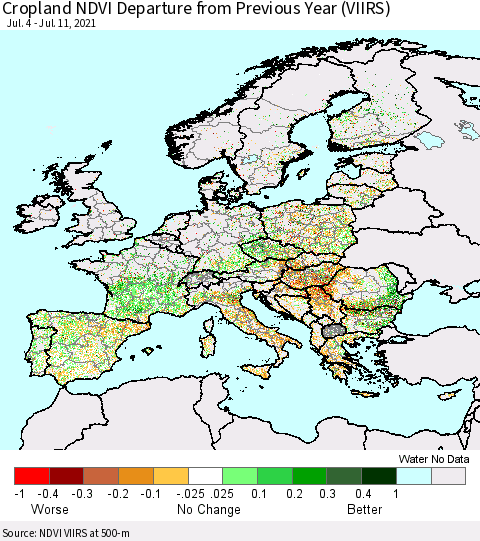 Europe Cropland NDVI Departure from Previous Year (VIIRS) Thematic Map For 7/4/2021 - 7/11/2021