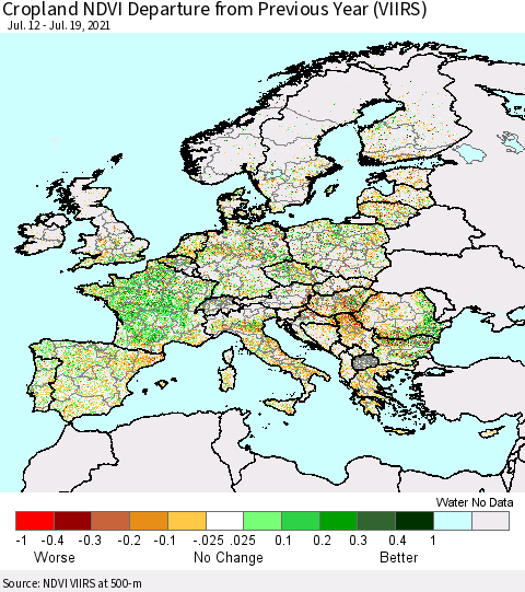 Europe Cropland NDVI Departure from Previous Year (VIIRS) Thematic Map For 7/12/2021 - 7/19/2021