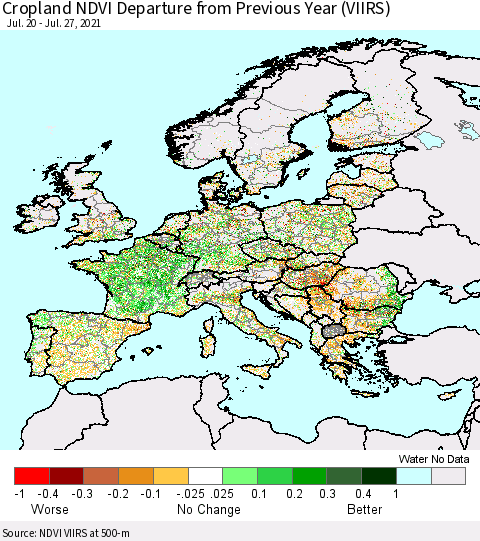 Europe Cropland NDVI Departure from Previous Year (VIIRS) Thematic Map For 7/20/2021 - 7/27/2021