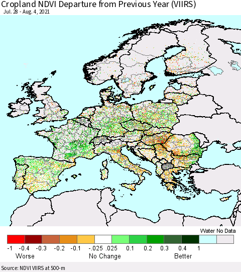 Europe Cropland NDVI Departure from Previous Year (VIIRS) Thematic Map For 7/28/2021 - 8/4/2021