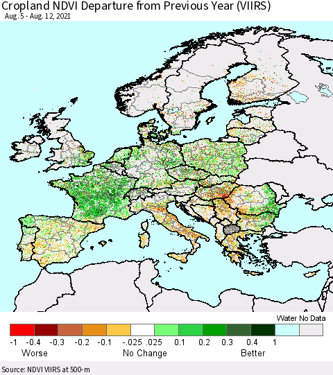 Europe Cropland NDVI Departure from Previous Year (VIIRS) Thematic Map For 8/5/2021 - 8/12/2021
