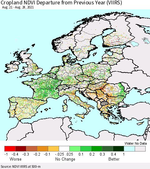 Europe Cropland NDVI Departure from Previous Year (VIIRS) Thematic Map For 8/21/2021 - 8/28/2021
