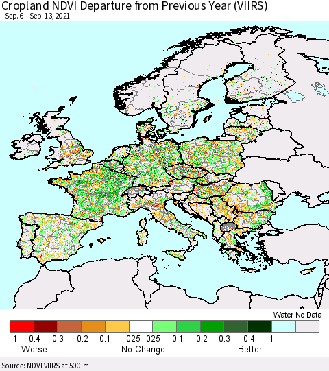 Europe Cropland NDVI Departure from Previous Year (VIIRS) Thematic Map For 9/6/2021 - 9/13/2021