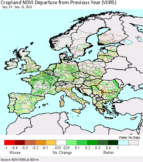 Europe Cropland NDVI Departure from Previous Year (VIIRS) Thematic Map For 9/14/2021 - 9/21/2021