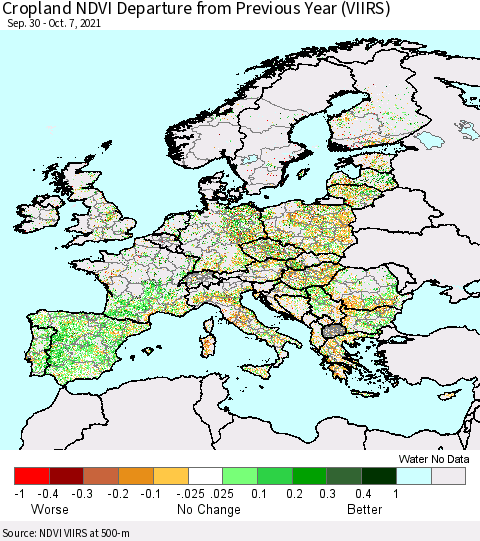 Europe Cropland NDVI Departure from Previous Year (VIIRS) Thematic Map For 9/30/2021 - 10/7/2021