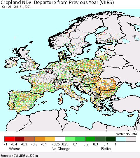Europe Cropland NDVI Departure from Previous Year (VIIRS) Thematic Map For 10/24/2021 - 10/31/2021