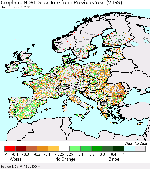 Europe Cropland NDVI Departure from Previous Year (VIIRS) Thematic Map For 11/1/2021 - 11/8/2021
