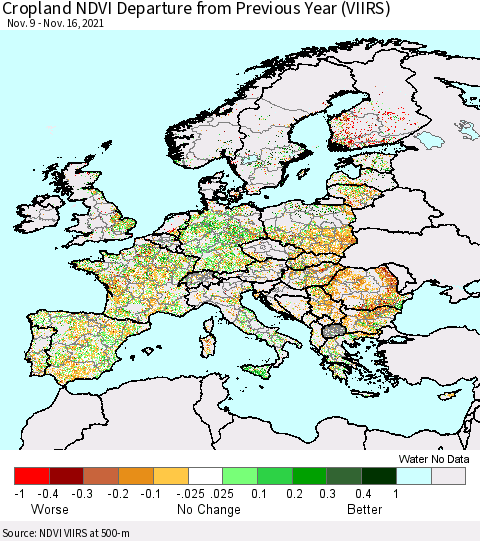 Europe Cropland NDVI Departure from Previous Year (VIIRS) Thematic Map For 11/9/2021 - 11/16/2021