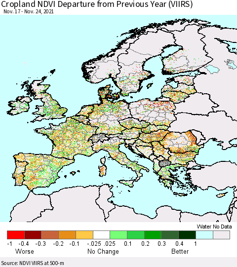Europe Cropland NDVI Departure from Previous Year (VIIRS) Thematic Map For 11/17/2021 - 11/24/2021