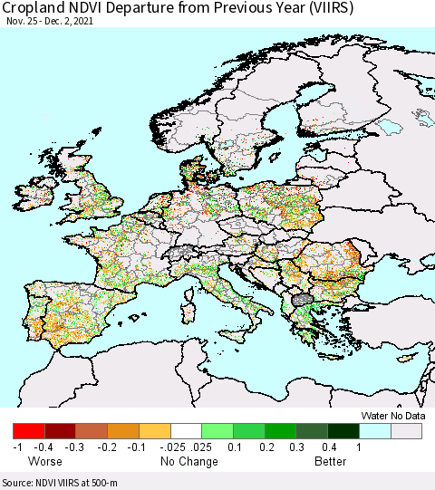 Europe Cropland NDVI Departure from Previous Year (VIIRS) Thematic Map For 11/25/2021 - 12/2/2021