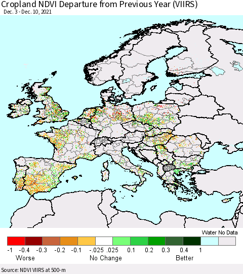 Europe Cropland NDVI Departure from Previous Year (VIIRS) Thematic Map For 12/3/2021 - 12/10/2021