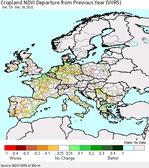 Europe Cropland NDVI Departure from Previous Year (VIIRS) Thematic Map For 12/19/2021 - 12/26/2021