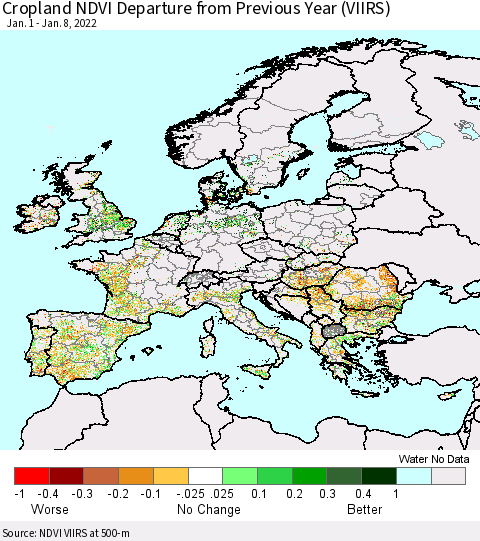 Europe Cropland NDVI Departure from Previous Year (VIIRS) Thematic Map For 1/1/2022 - 1/8/2022