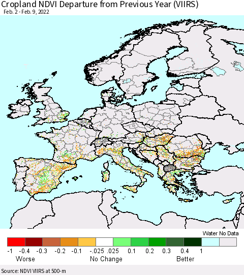Europe Cropland NDVI Departure from Previous Year (VIIRS) Thematic Map For 2/2/2022 - 2/9/2022