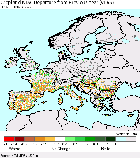 Europe Cropland NDVI Departure from Previous Year (VIIRS) Thematic Map For 2/10/2022 - 2/17/2022