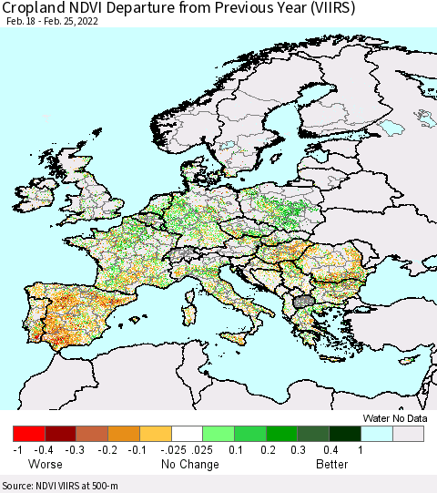 Europe Cropland NDVI Departure from Previous Year (VIIRS) Thematic Map For 2/18/2022 - 2/25/2022