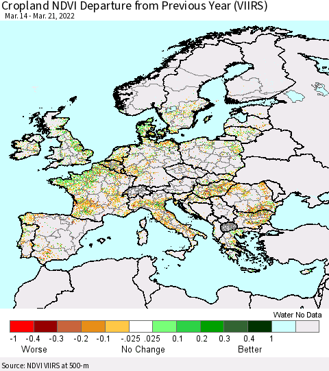Europe Cropland NDVI Departure from Previous Year (VIIRS) Thematic Map For 3/14/2022 - 3/21/2022
