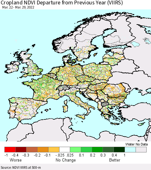 Europe Cropland NDVI Departure from Previous Year (VIIRS) Thematic Map For 3/22/2022 - 3/29/2022