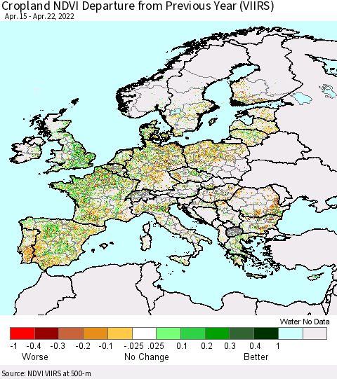 Europe Cropland NDVI Departure from Previous Year (VIIRS) Thematic Map For 4/15/2022 - 4/22/2022