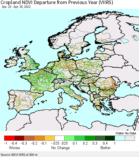 Europe Cropland NDVI Departure from Previous Year (VIIRS) Thematic Map For 4/23/2022 - 4/30/2022