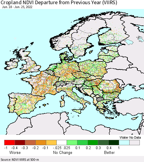 Europe Cropland NDVI Departure from Previous Year (VIIRS) Thematic Map For 6/18/2022 - 6/25/2022