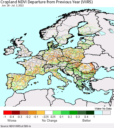 Europe Cropland NDVI Departure from Previous Year (VIIRS) Thematic Map For 6/26/2022 - 7/3/2022