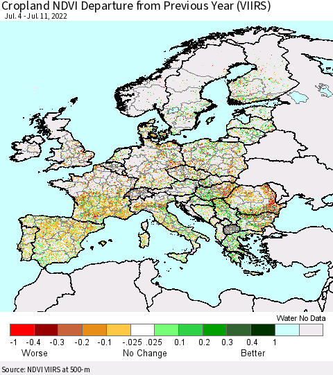 Europe Cropland NDVI Departure from Previous Year (VIIRS) Thematic Map For 7/4/2022 - 7/11/2022