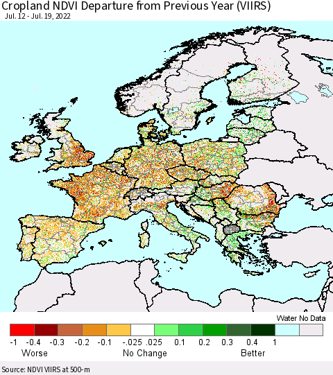 Europe Cropland NDVI Departure from Previous Year (VIIRS) Thematic Map For 7/12/2022 - 7/19/2022