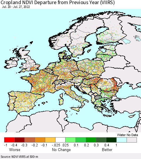 Europe Cropland NDVI Departure from Previous Year (VIIRS) Thematic Map For 7/20/2022 - 7/27/2022