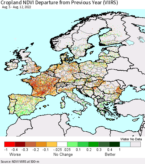 Europe Cropland NDVI Departure from Previous Year (VIIRS) Thematic Map For 8/5/2022 - 8/12/2022