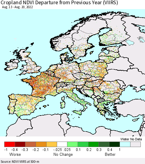 Europe Cropland NDVI Departure from Previous Year (VIIRS) Thematic Map For 8/13/2022 - 8/20/2022