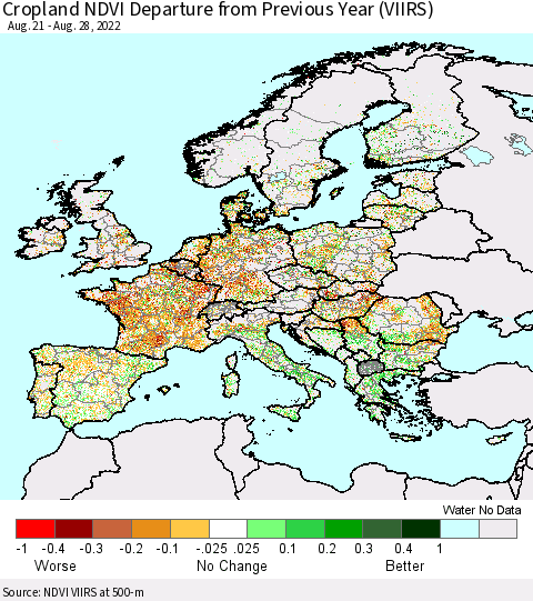Europe Cropland NDVI Departure from Previous Year (VIIRS) Thematic Map For 8/21/2022 - 8/28/2022