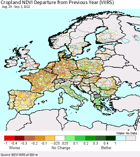 Europe Cropland NDVI Departure from Previous Year (VIIRS) Thematic Map For 8/29/2022 - 9/5/2022