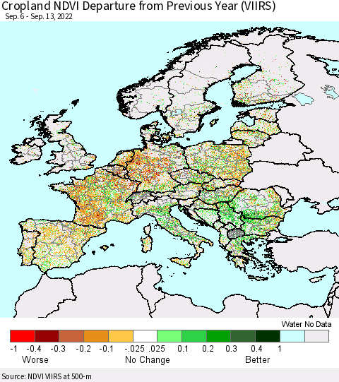 Europe Cropland NDVI Departure from Previous Year (VIIRS) Thematic Map For 9/6/2022 - 9/13/2022
