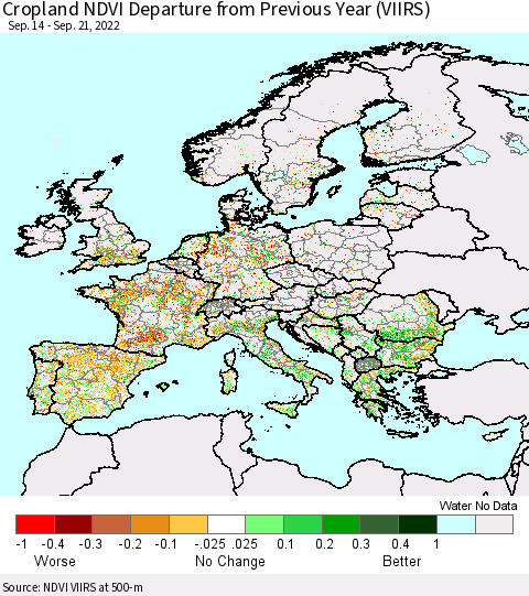 Europe Cropland NDVI Departure from Previous Year (VIIRS) Thematic Map For 9/14/2022 - 9/21/2022