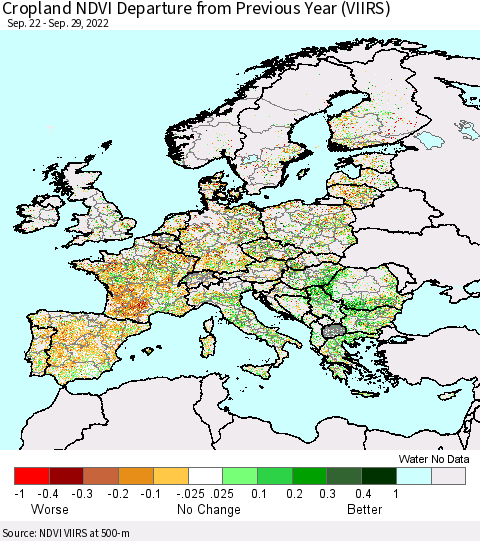 Europe Cropland NDVI Departure from Previous Year (VIIRS) Thematic Map For 9/22/2022 - 9/29/2022