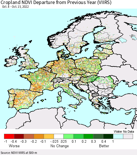 Europe Cropland NDVI Departure from Previous Year (VIIRS) Thematic Map For 10/8/2022 - 10/15/2022