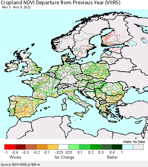 Europe Cropland NDVI Departure from Previous Year (VIIRS) Thematic Map For 11/1/2022 - 11/8/2022