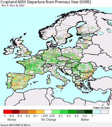 Europe Cropland NDVI Departure from Previous Year (VIIRS) Thematic Map For 11/9/2022 - 11/16/2022