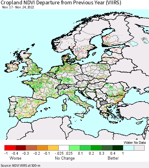 Europe Cropland NDVI Departure from Previous Year (VIIRS) Thematic Map For 11/17/2022 - 11/24/2022
