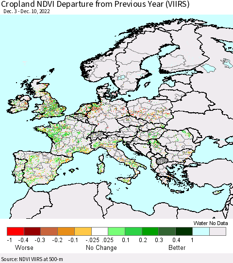 Europe Cropland NDVI Departure from Previous Year (VIIRS) Thematic Map For 12/3/2022 - 12/10/2022
