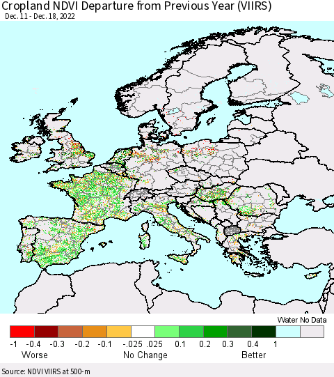 Europe Cropland NDVI Departure from Previous Year (VIIRS) Thematic Map For 12/11/2022 - 12/18/2022