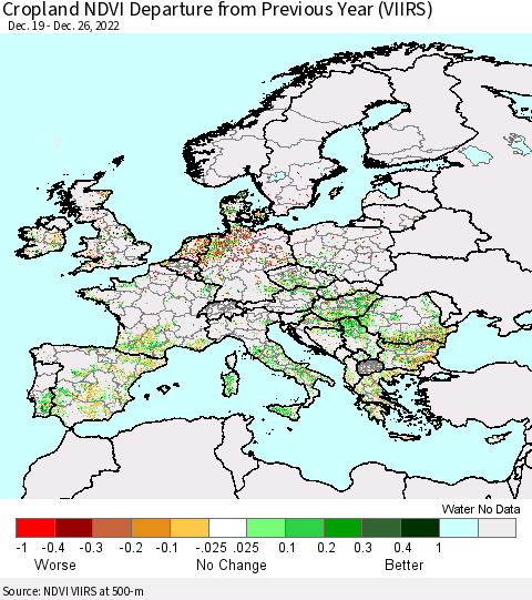 Europe Cropland NDVI Departure from Previous Year (VIIRS) Thematic Map For 12/19/2022 - 12/26/2022