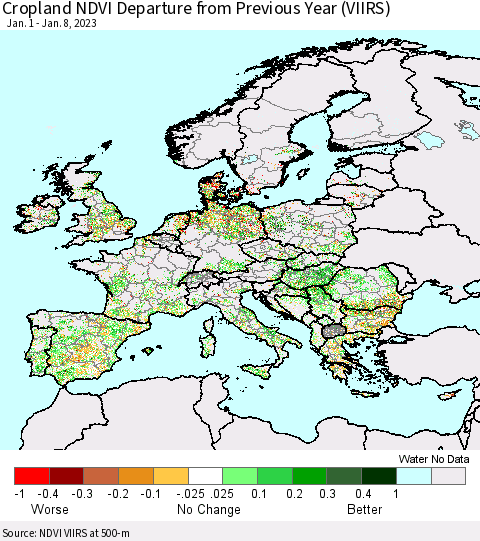 Europe Cropland NDVI Departure from Previous Year (VIIRS) Thematic Map For 1/1/2023 - 1/8/2023