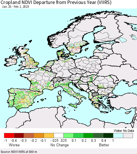 Europe Cropland NDVI Departure from Previous Year (VIIRS) Thematic Map For 1/25/2023 - 2/1/2023