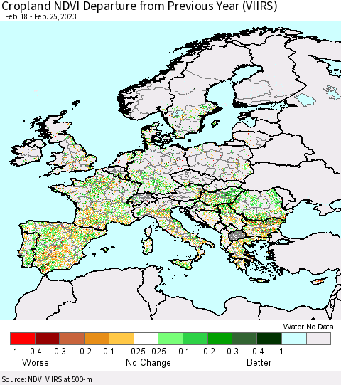 Europe Cropland NDVI Departure from Previous Year (VIIRS) Thematic Map For 2/18/2023 - 2/25/2023